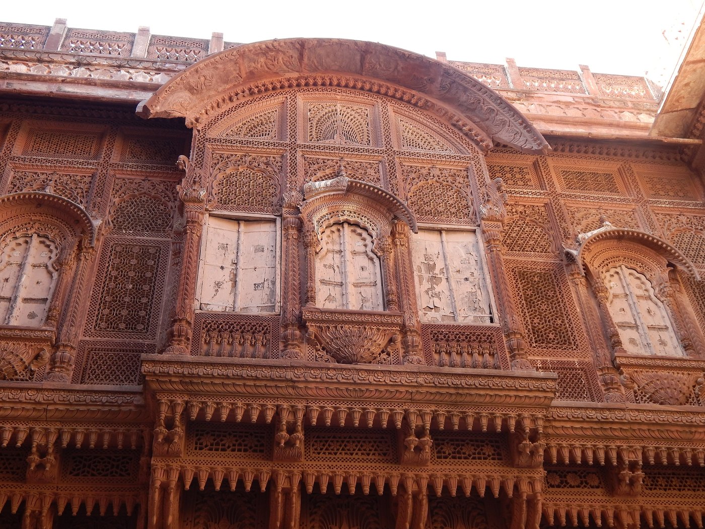 A carved sandstone jharokha window at Mehrangarh Fort, Jodhpur